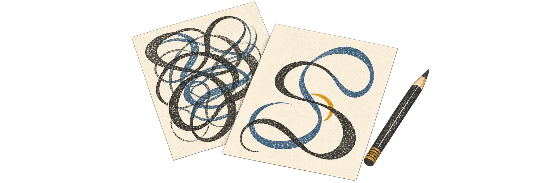 Two overlapping drawings beside a pencil: a busy tangle of loops on the first sheet, and a simpler version of the same winding shapes on the second.
