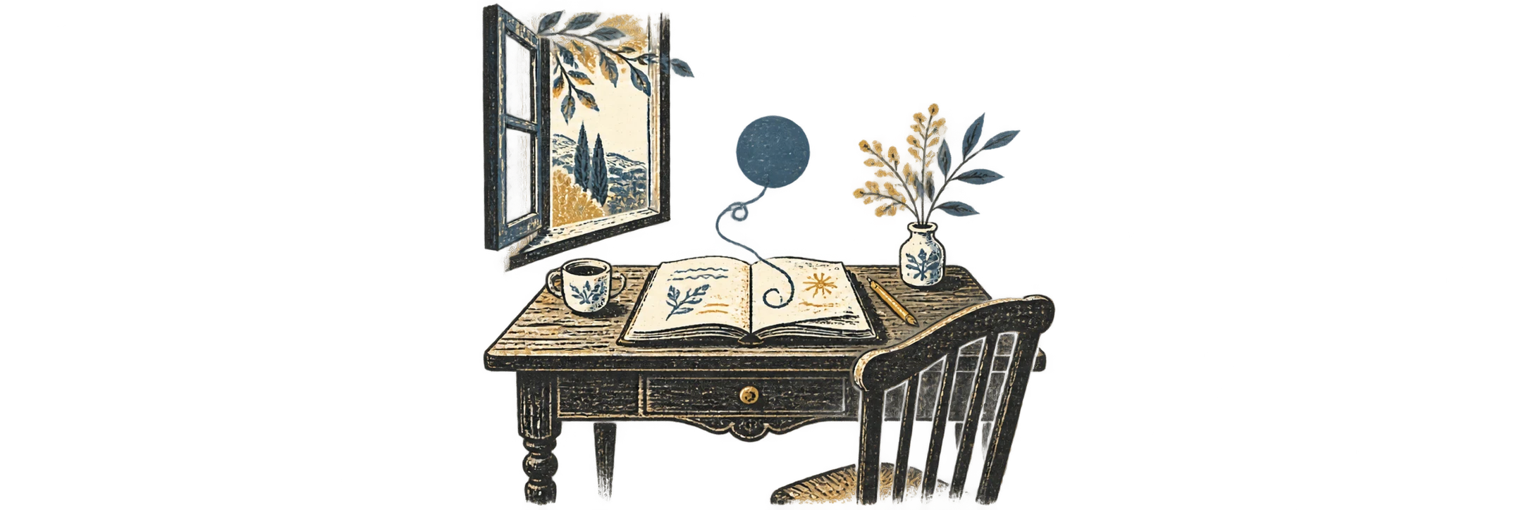A hand-stamped writing desk by an open window, with a small blue dot hovering over an open notebook.